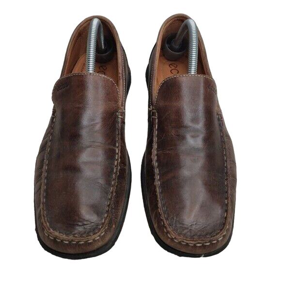 Ecco Brown Leather Slip On Loafers Square Toe Size 10 - Picture 1 of 7